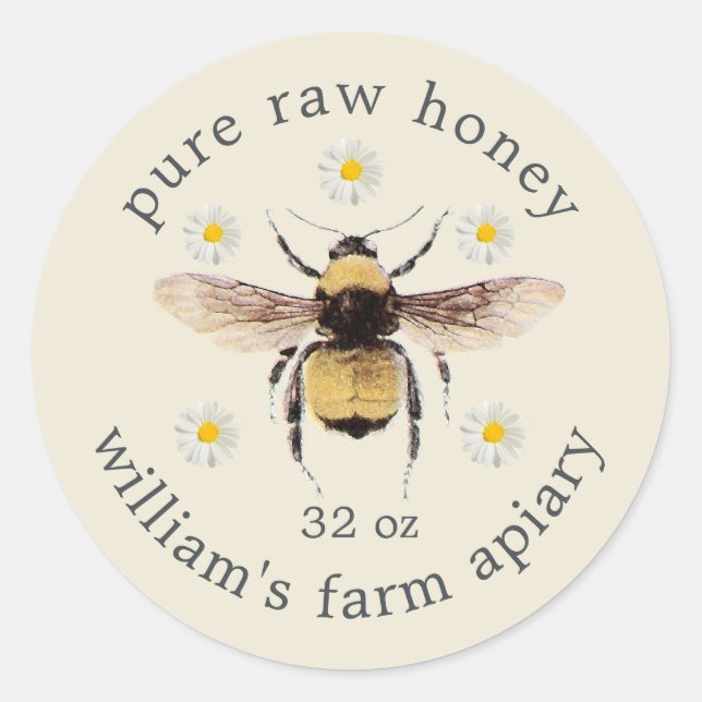 Honey Jar Label Honeybee Apiary Antique White (Front)