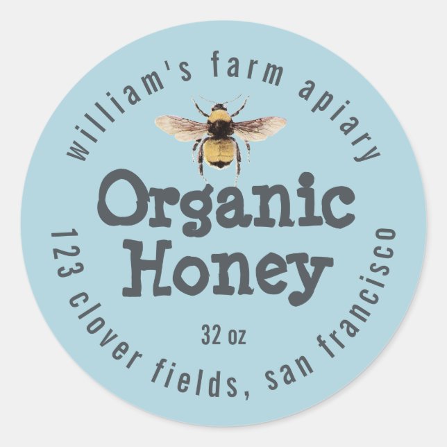 Honey Jar Label Honeybee Apiary Blue Glow (Front)
