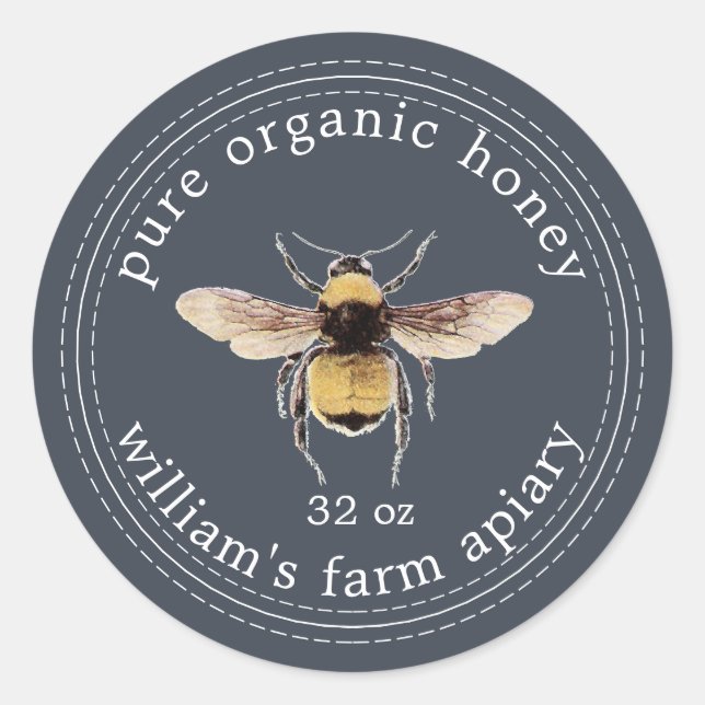 Honey Jar Label Honeybee Apiary Dark Blue (Front)