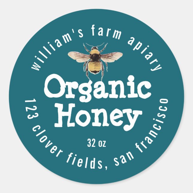 Honey Jar Label Honeybee Apiary Dark Teal (Front)
