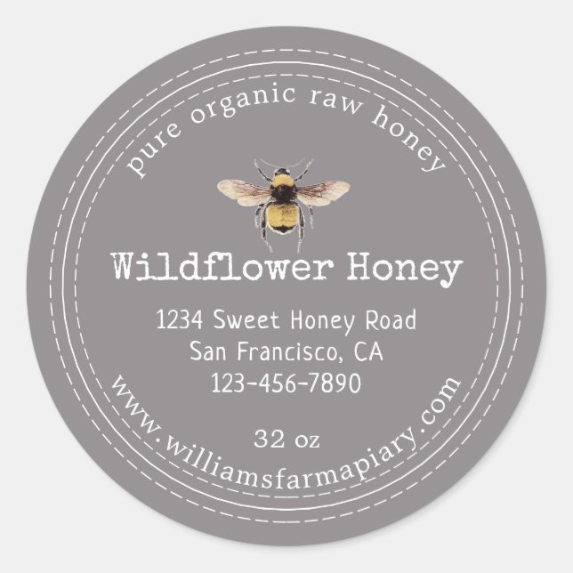Honey Jar Label Honeybee Apiary Flannel Grey (Front)