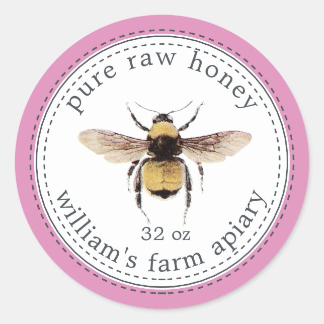 Honey Jar Label Honeybee Apiary Fuchsia Pink (Front)