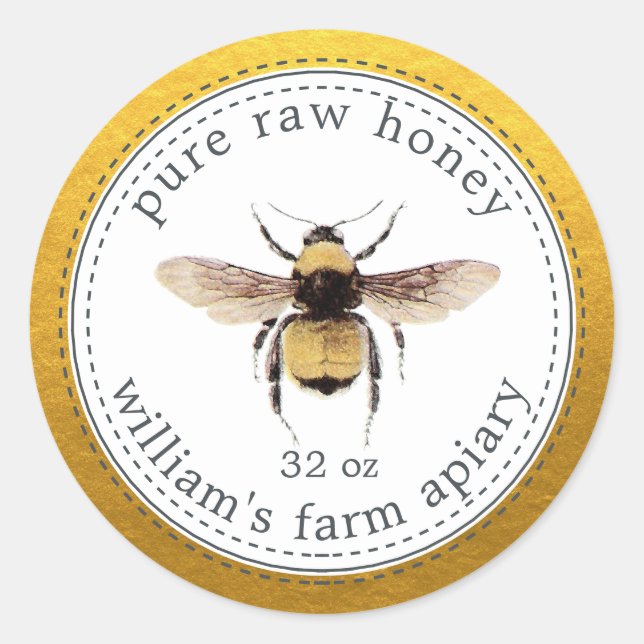 Honey Jar Label Honeybee Apiary Gold (Front)