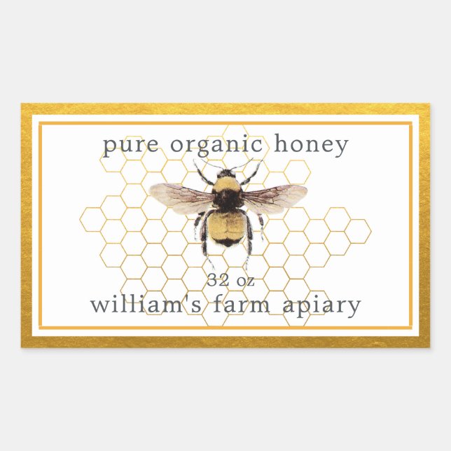 Honey Jar Label Honeybee Apiary Honeycomb Gold (Front)