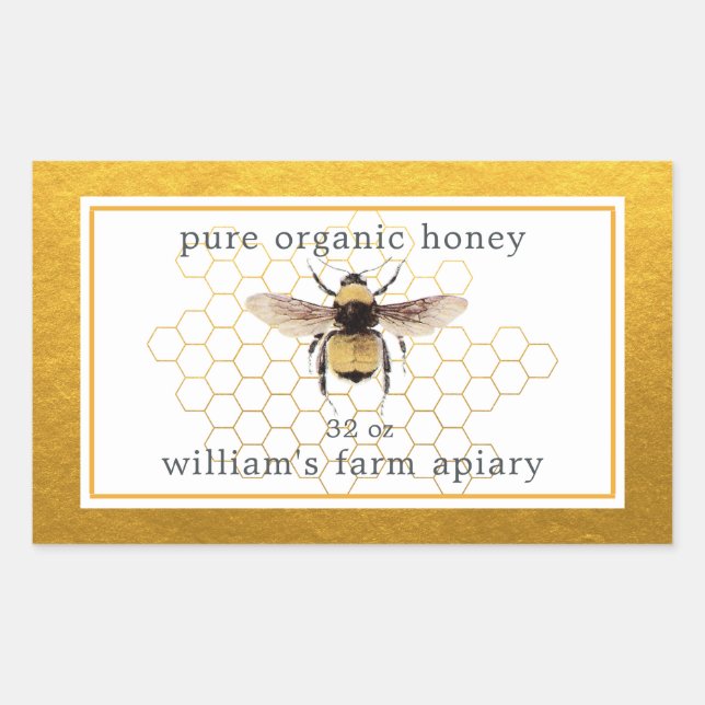 Honey Jar Label Honeybee Apiary Honeycomb Gold (Front)