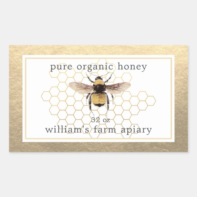 Honey Jar Label Honeybee Apiary Honeycomb Gold (Front)