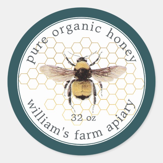 Honey Jar Label Honeybee Apiary Honeycomb Teal (Front)
