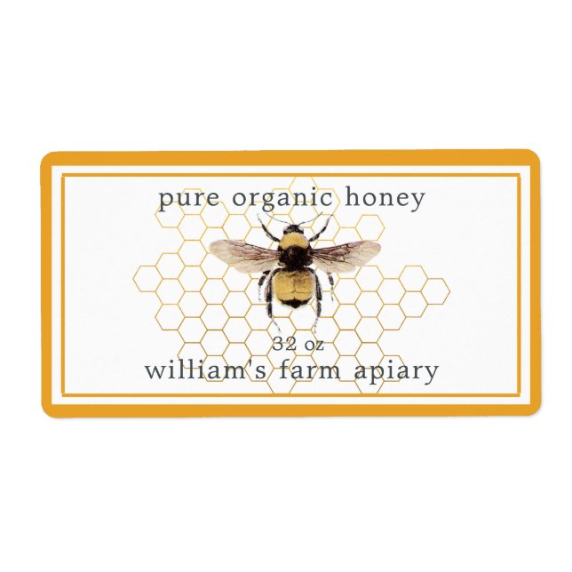 Honey Jar Label Honeybee Apiary Honeycomb Yellow (Front)