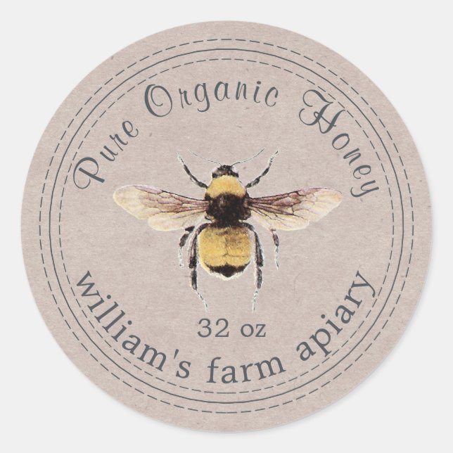 Honey Jar Label Honeybee Apiary Kraft Paper (Front)