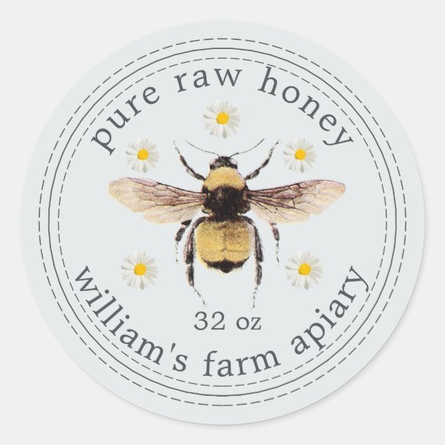 Honey Jar Label Honeybee Apiary Pale Blue (Front)