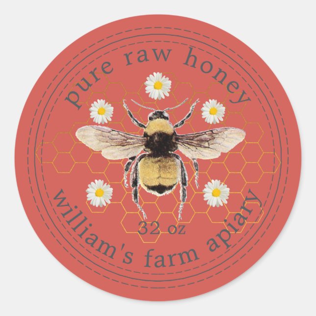 Honey Jar Label Honeybee Apiary Red (Front)