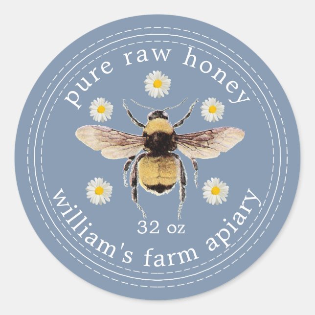 Honey Jar Label Honeybee Apiary Vintage Blue (Front)