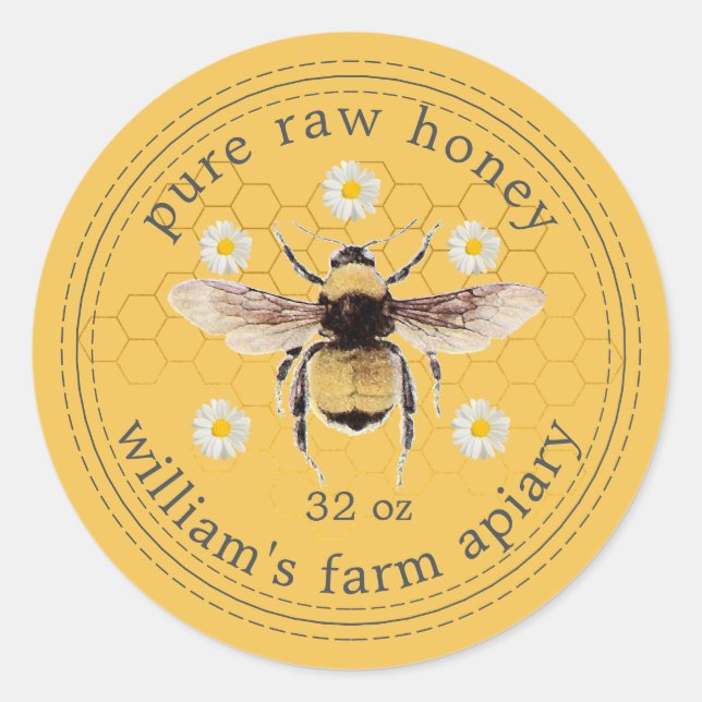 Honey Jar Label Honeybee Apiary Yellow (Front)