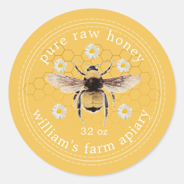 Honey Jar Label Honeybee Apiary Yellow (Front)