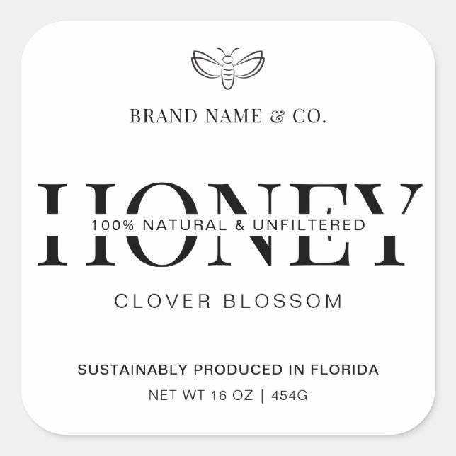 Honey Jar Label Minimalist Black & White Packaging (Front)