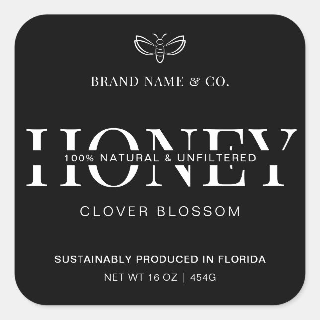 Honey Jar Label Minimalist Black & White Packaging (Front)