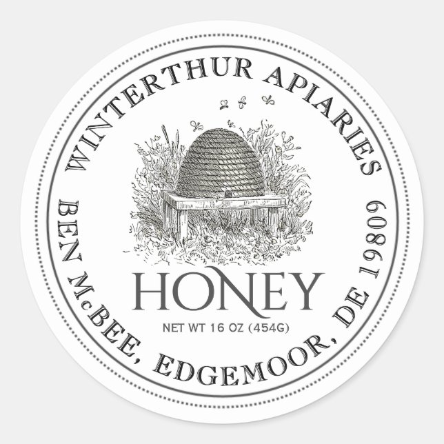 Honey Jar Label (Vintage Skep) Dotted Border (Front)
