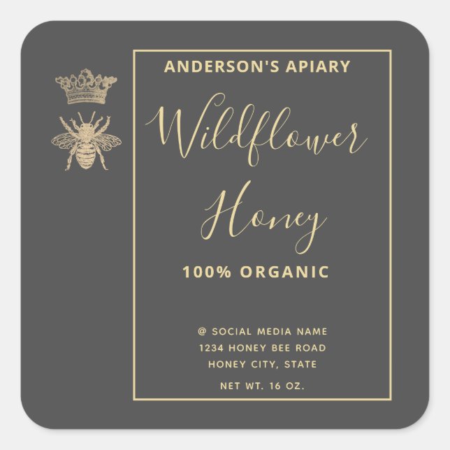 Honey jar modern script queen bee  square sticker (Front)