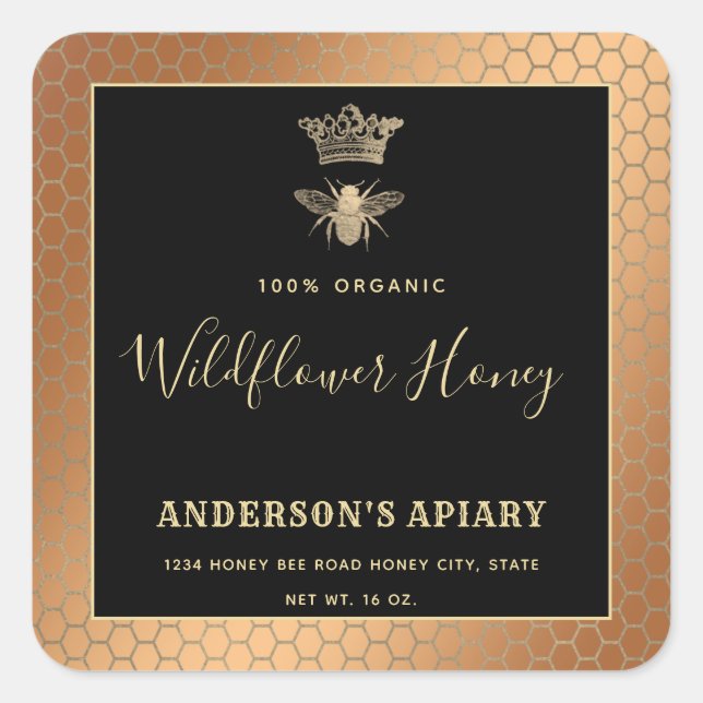 Honey jar modern script queen bee   square sticker (Front)