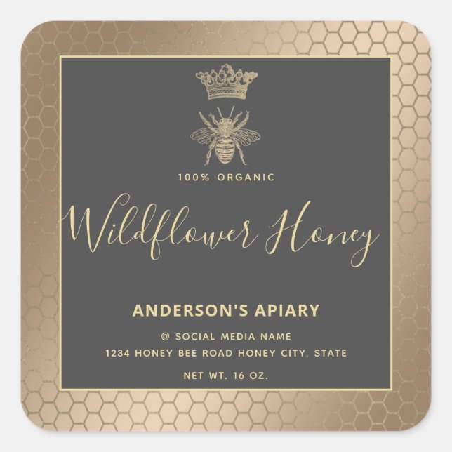 Honey jar modern script queen bee  square sticker (Front)