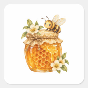 Honey Jar with Honeycomb and a Bee Square Sticker