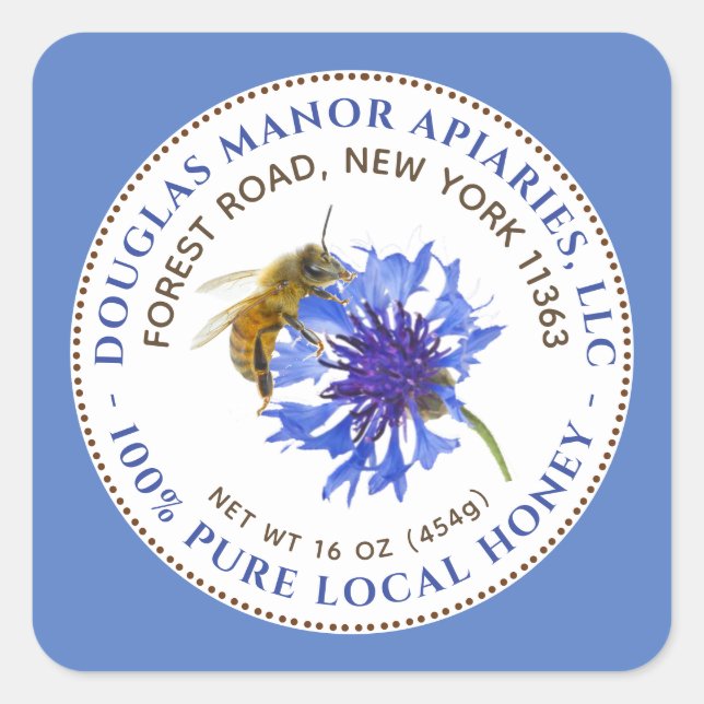 Honey Label Blue Flower Bee and Blue Text Border (Front)