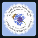 Honey Label Blue Flower Bee Beekeeping Sticker<br><div class="desc">Realistic bee image alongside a bright blue flower with a dotted border and blue background. Personalise with your name,  address,  honey net weight,  and honey product (example raw unfiltered honey). Common honey net weight conversions: 8oz (227g),  12oz (340g),  16oz (454g),  32oz (907g),  5lb (2.27kg).</div>