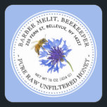 Honey Label Blue Flower Bee Beekeeping Sticker<br><div class="desc">Realistic bee image alongside a bright blue flower with a dotted border and blue background. Personalise with your name,  address,  honey net weight,  and honey product (example raw unfiltered honey). Common honey net weight conversions: 8oz (227g),  12oz (340g),  16oz (454g),  32oz (907g),  5lb (2.27kg).</div>