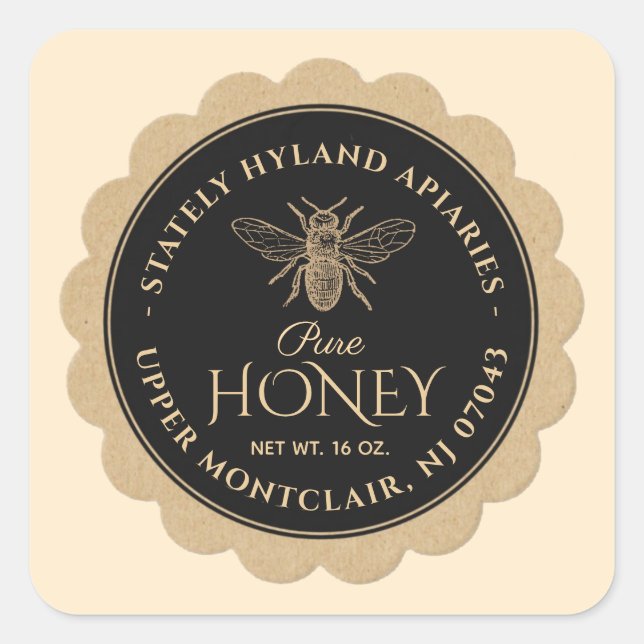 Honey Label Kraft Scallop Border Bee Black Circle (Front)