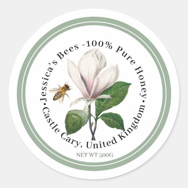 Honey Label with Magnolia and Bee and Green Border (Front)