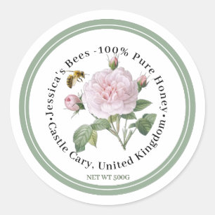 Honey Label with Pink Rose Bee and Green Border