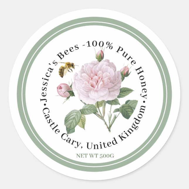 Honey Label with Pink Rose Bee and Green Border (Front)