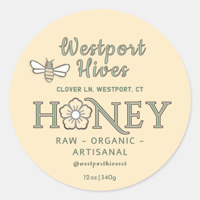 Honey label with stylised flower & cute bee design (Front)