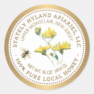 Honey Label Yellow Flower Bee and Gold Border