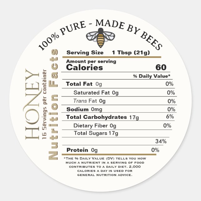 Honey Nutrition Facts 100% PURE with Honeybee Classic Round Sticker (Front)