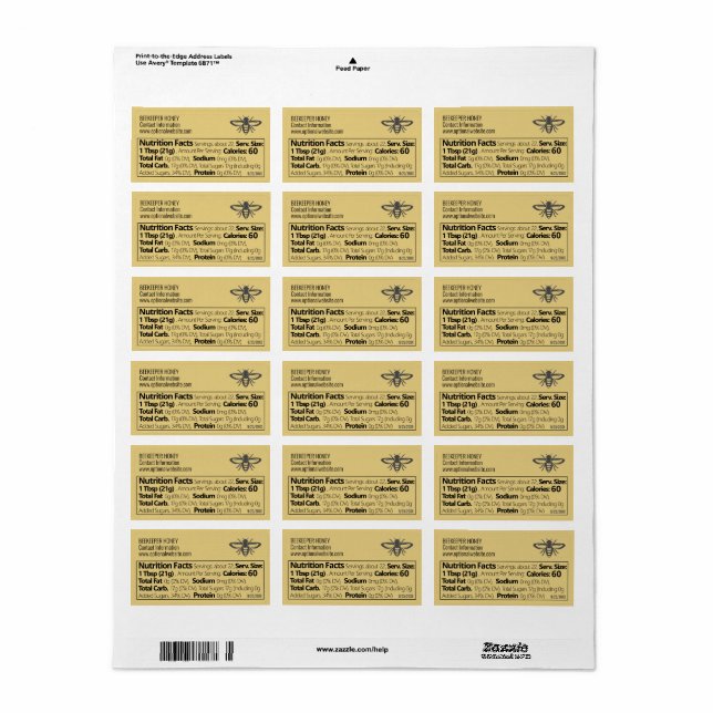 Honey Nutrition Facts and Beekeeper Info Gold Label (Full Sheet)