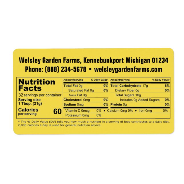 Honey Nutrition Facts & Business Info Product (Front)