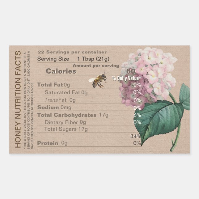 Honey Nutrition Facts Hydrangea Honeybee Kraft  Rectangular Sticker (Front)