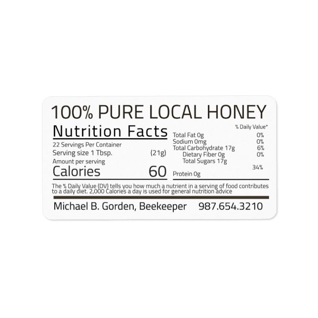 Honey Nutrition Facts White Address Label (Front)