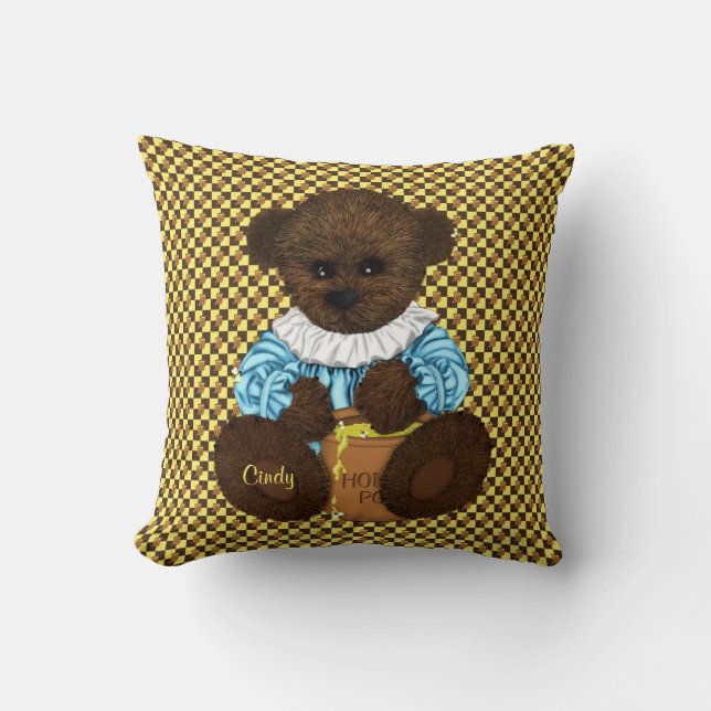 Honey Pot Bear-Brown-Yellow Throw Pillow (Front)
