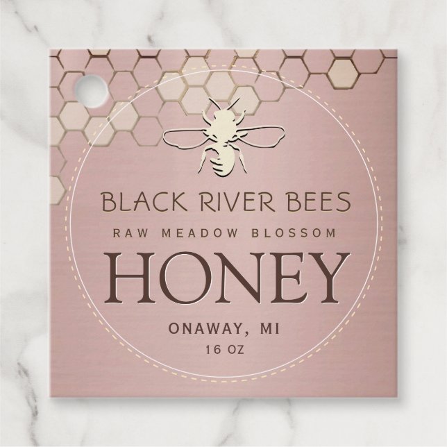 Honey Tag Honeycomb with Bee on Rose Gold (Front)