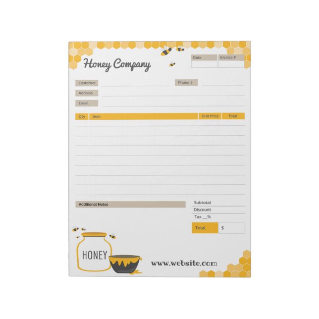 Honey Theme Order Form and Invoice Notepad (Rotated)