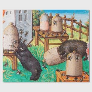 HONEY THIEF BEARS,BEES,BEE HIVES Mediaeval Apiaris Wrapping Paper