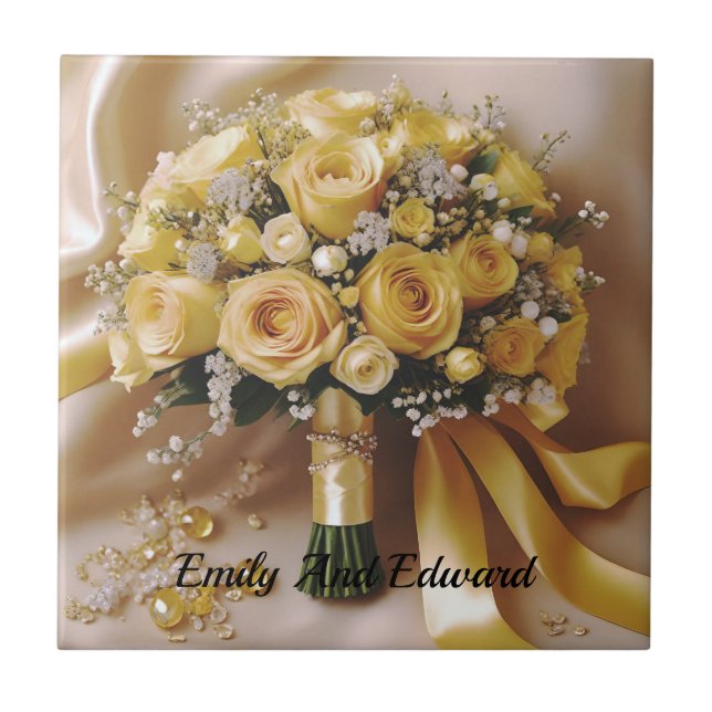 Honey Yellow Roses Wedding Bouquet, Tile (Front)