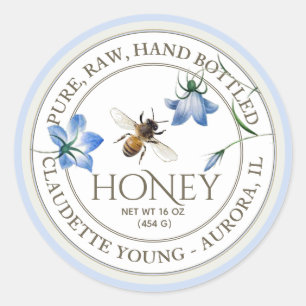 Honeybee and Blue Flowers Honey White and Blue Cla Classic Round Sticker