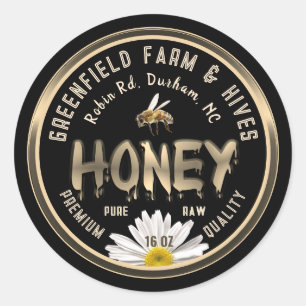 Honeybee and Daisy Gold Dripping Honey on Black Classic Round Sticker