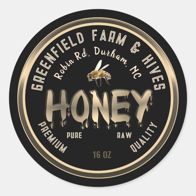 Honeybee and Daisy Gold Dripping Honey on Black    Classic Round Sticker (Front)