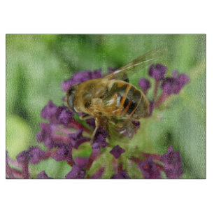 Honeybee and Purple Flowers Glass Cutting Board