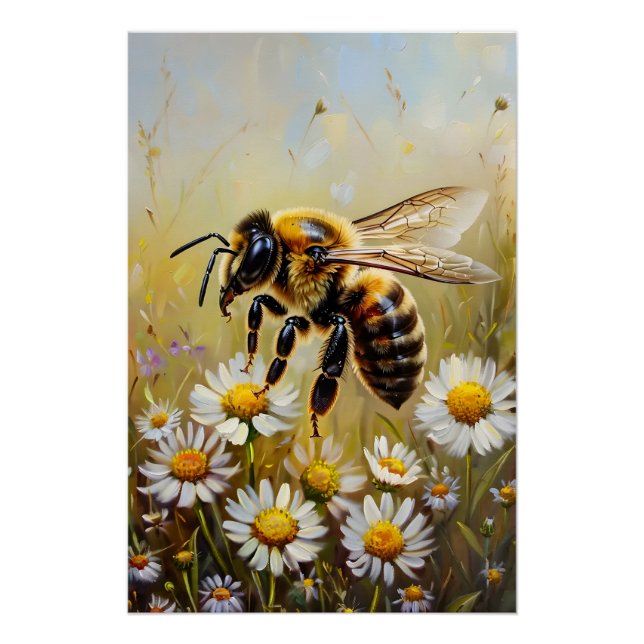 Honeybee Around Wildflowers Oil Painting Art Poster (Front)