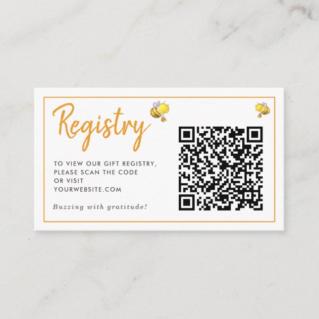 Honeybee Baby Shower Gift Registry QR Code Enclosure Card (Front)